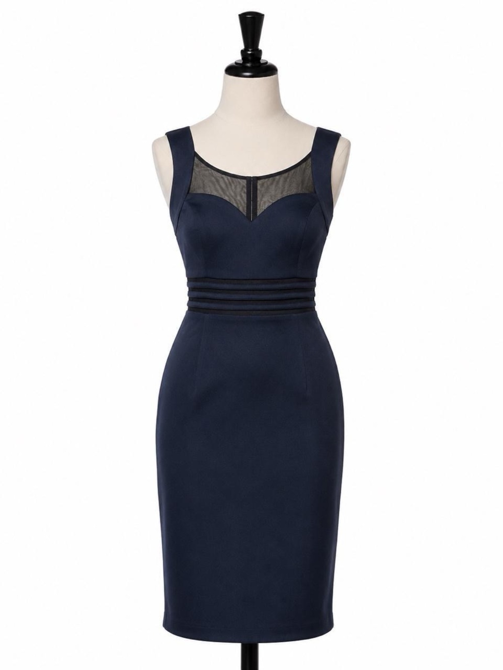 Sleeveless Navy Sheath Dress with Mesh Yoke